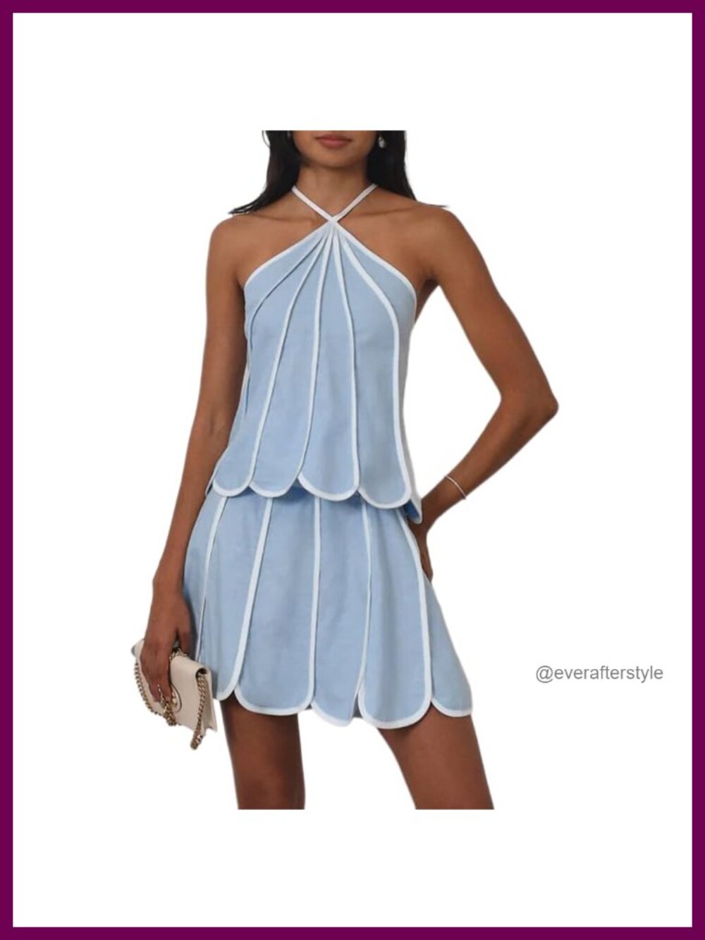 2 Piece Halter Crop Top Scalloped Hem Mini Skirt Set Polyester Spandex